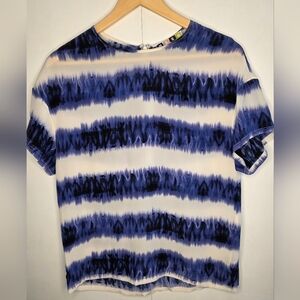 MSGM Silk Short Sleeve Blue And Cream Wide Striped Top Small.